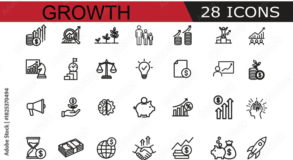 Obraz premium Collection of 28 growth and business related icons: including charts, money, finance, teamwork, ideas, progress, and success symbols, presented on a clean backdrop for diverse commercial applications.