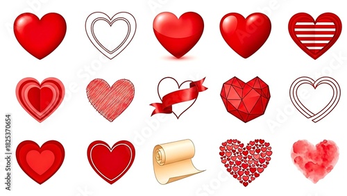 A collection of various red heart shapes and designs, including solid, outlined, textured, and geometric styles, suitable for love and romance themes.
