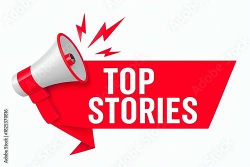 Red megaphone announcing breaking news and top stories with lightning bolt graphics for emphasis