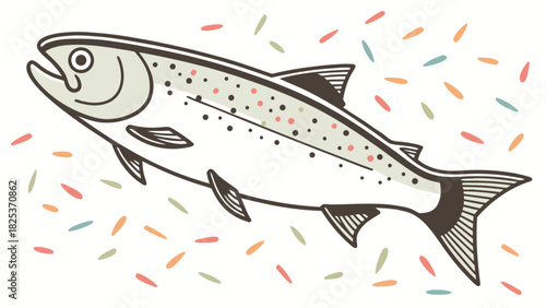 Illustration of a salmon with pink spots swimming amidst scattered colorful sprinkles on white background
