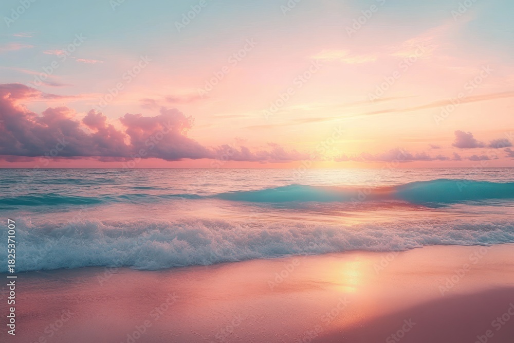Obraz premium serene sunrise over calm ocean waves gently washing onto sandy beach under pastel pink and blue sky with soft clouds