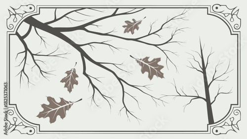 Illustration of bare branches with falling leaves inside decorative rectangular frame design art