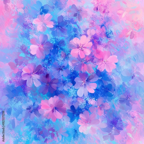 Abstract digital painting of blooming flowers in shades of pink, purple, and blue creating a vibrant and dreamy floral pattern