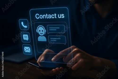 Contact us support interface hovering above smartphone in dark office