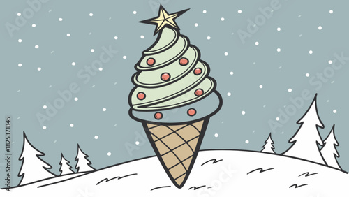 A whimsical christmas tree ice cream cone in a snowy winter wonderland landscape illustration art