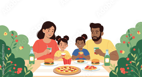 Happy family with two daughters enjoying a delicious meal of pizza, burgers, and fries while sitting at a table outdoors.