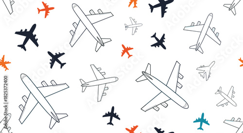 Seamless vector pattern with various airplanes in different styles, including outlines and silhouettes, for travel and transportation-themed designs.