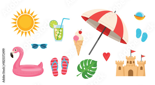 Colorful collection of flat summer vacation icons, including a sun, ice cream, beach umbrella, and flamingo float, isolated on a white background.
