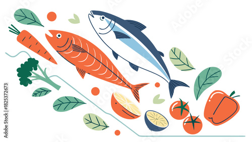 Illustration of two fish with vegetables and fruits on a white background in cartoon style art