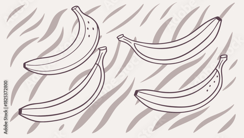Illustration of four bananas with black outlines arranged on a striped background pattern design