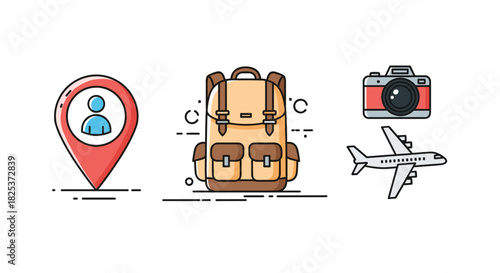 Set of four travel and adventure line icons with color accents, including a location pin, backpack, camera, and an airplane for vacation planning.