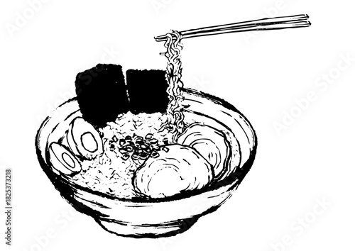 ラーメンと箸の墨絵イラスト