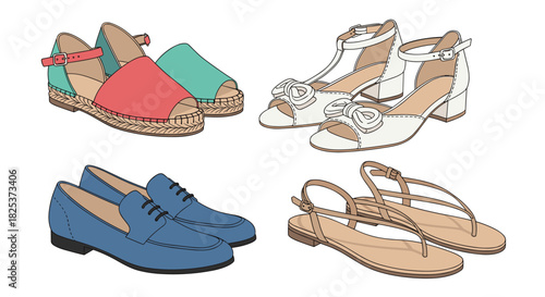Collection of four pairs of stylish men's and women's footwear, including summer sandals, espadrilles, and classic loafers.