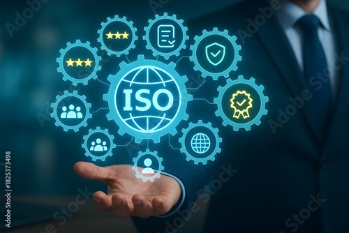 Global ISO quality management system icons in blue gears