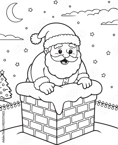 Line art shows Santa Claus stuck atop a brick chimney with holiday decorations and night sky