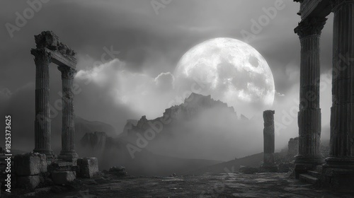 Ruined columns stand under a massive, luminous moon in a dark, cloudy, mountain landscape