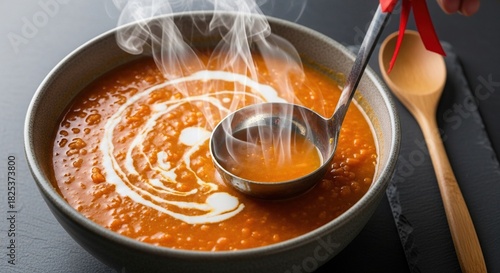 Fototapeta Naklejka Na Ścianę i Meble -  Steaming hot bowl of delicious lentil soup being served with a ladle.