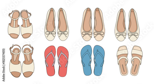Top-down view of a collection of various women's summer shoes, including sandals, ballet flats, and colorful flip-flops, on a white background.