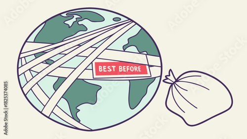 Earth globe wrapped in bandages with a best before label and a trash bag illustration graphic design
