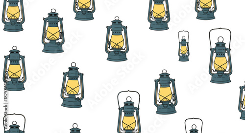 Seamless background pattern featuring vintage-style kerosene lanterns with a warm yellow glow, perfect for camping or rustic-themed designs.