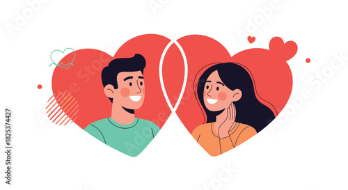 Happy young couple smiling at each other from inside two large intersecting red hearts, representing love, romance, and relationships.