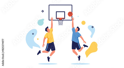 Two young men in sportswear playing basketball, with both players jumping towards the hoop to score a point in an exciting match.