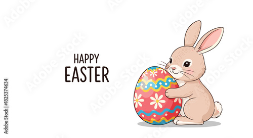 Adorable brown bunny rabbit holding a large, beautifully decorated Easter egg with a Happy Easter message on a clean white background.