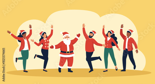 Diverse group of happy people celebrating with Santa Claus, all wearing festive red outfits and Santa hats, dancing and having fun together.