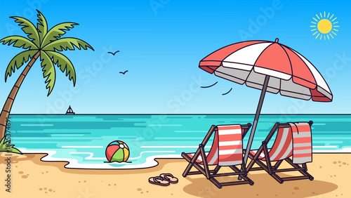 A vibrant cartoon illustration of a sunny beach scene with a palm tree, ocean, beach chairs, umbrella, and a colorful ball.