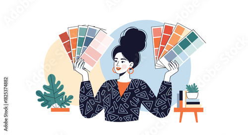 Stylish female designer or artist holding two sets of color swatch palettes, contemplating choices for a creative project in her workspace.