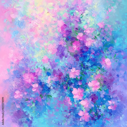 Abstract impressionist painting of vibrant pink, purple, and blue flowers with lush green leaves blending into a soft pastel background