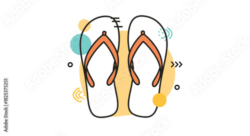 Modern and abstract line art illustration of a pair of orange flip-flops, decorated with colorful geometric shapes and circles in the background.
