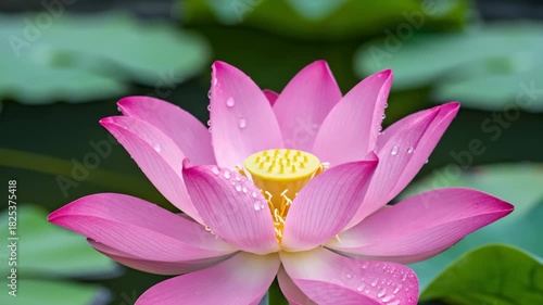 Pink Lotus Flower Blooming With Water Droplets Close Up