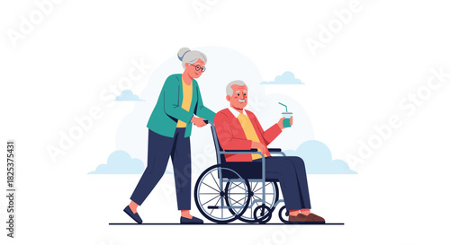 Caring elderly woman pushing her smiling husband in a wheelchair, illustrating love, support, and companionship in senior life and retirement.