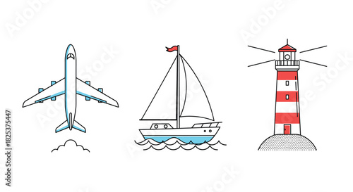 Set of three travel and transportation icons in a clean line art style with color accents, featuring an airplane, a sailboat, and a lighthouse.