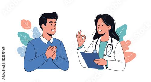 Friendly female doctor with a stethoscope and clipboard giving an okay sign to a grateful male patient, indicating good health and positive results.