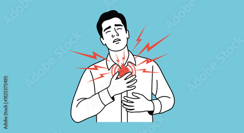 Illustration of a man experiencing a heart attack, clutching his chest in pain, representing a medical emergency and cardiovascular disease.