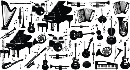 “Collection of diverse musical instrument silhouettes featuring classical and modern instruments, detailed vector illustration set for creative design, music projects, and artistic compositions”