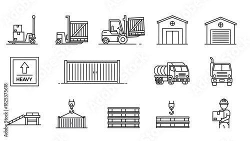Logistics and shipping icon set depicting forklifts, trucks, shipping containers, and delivery personnel