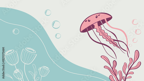 Illustration of a pink jellyfish swimming in the ocean with seaweed and bubbles around it