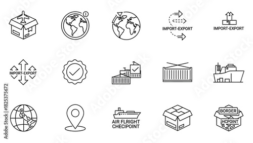 Set of thin line vector icons for import and export of goods, suitable for web and print projects