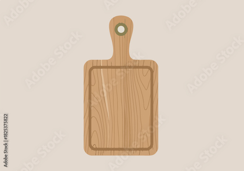 Stylized wooden cutting board with a handle hole on a plain beige background