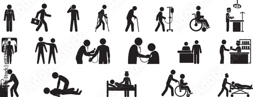 Medical & Healthcare Stickman Icons Set – Doctor, Patient, Surgery, Pharmacy, Wheelchair, CPR, Nursing