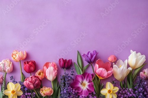 Colorful assortment of fresh spring flowers including tulips, daffodils, and lavender arranged neatly against a purple textured background, evoking a calm and cheerful mood