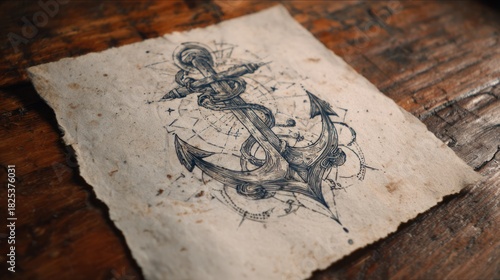 Sketch of an anchor with compass details on aged paper, resting on a wood surface