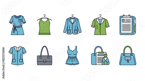 Modern vector icon set showcasing women's clothing, professional uniforms, stylish handbags, office essentials, and baby care items, perfect for diverse lifestyle designs