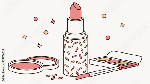 Illustration of lipstick with sprinkles, blush compact, eyeshadow palette and sparkles around it