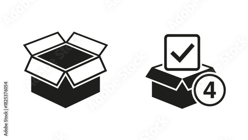 Simple line art icons representing an open delivery box and a completed order with a quantity badge for e-commerce