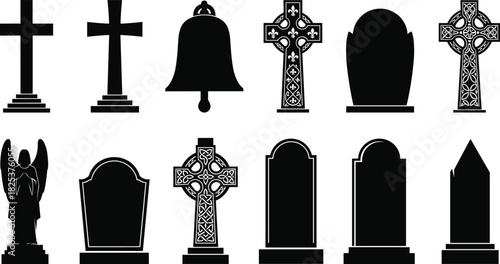 “Detailed cemetery monument and memorial silhouette vector set featuring crosses, tombstones, angel statue, funeral bell designs for solemn remembrance and funeral illustration themes”