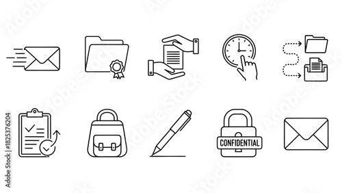 Efficient Business Operations and Secure Document Management Line Icon Collection for Modern Workflow Automation, Communication, and Task Handling